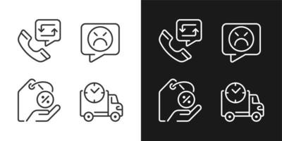 iconos lineales perfectos de píxeles de ayuda al cliente configurados para el modo oscuro y claro. comercio electrónico. revisión negativa del cliente. símbolos de línea delgada para el tema de la noche y el día. ilustraciones aisladas. trazo editable vector