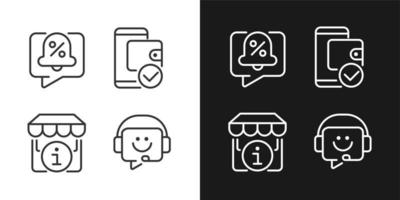 Shop website interface pixel perfect linear icons set for dark, light mode. Discounts notification. Electronic wallet. Thin line symbols for night, day theme. Isolated illustrations. Editable stroke vector