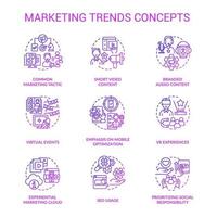 Marketing trends purple gradient concept icons set. Business promotion campaign. Customer engaging idea thin line color illustrations. Isolated symbols. Roboto-Medium, Myriad Pro-Bold fonts used vector