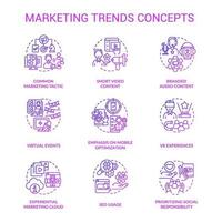 conjunto de iconos de concepto de gradiente púrpura de tendencias de marketing. campaña de promoción empresarial. ilustraciones de color de línea delgada de idea atractiva para el cliente. símbolos aislados. roboto-medium, innumerables fuentes pro-bold utilizadas vector