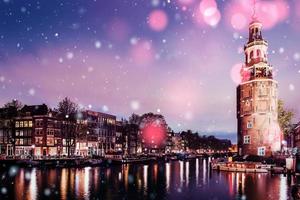 Beautiful night in Amsterdam.  illumination of buildings photo