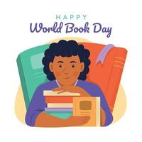 niño africano con los libros para la ilustración del día mundial del libro. vector