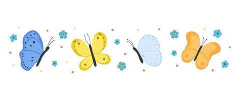 Collection of butterflies and moths isolated on white background. Set of flying insects with colorful wings. Bundle of decorative design elements. Flat vector illustration.
