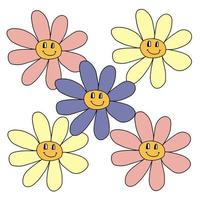 Groovy Smiley Flower Hippie. Positive 70s retro smiling daisy flower print. vector