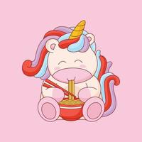 lindo unicornio comiendo fideos dibujos animados vector icono ilustración
