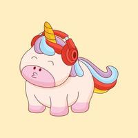 lindo unicornio escuchando música con ilustración de icono de vector de dibujos animados de auriculares