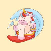 Cute unicorn playing surfing cartoon vector icon illustration