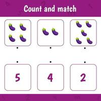 cuenta y empareja. juego de matemáticas para niños. berenjena vector