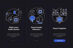 Home automation devices night mode onboarding mobile app screen. Walkthrough 3 steps graphic instructions pages with linear concepts. UI, UX, GUI template. Myriad Pro-Bold, Regular fonts used vector