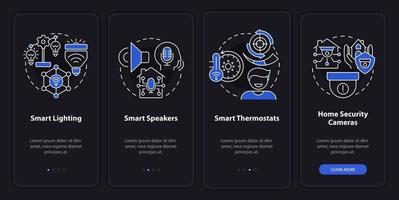 Smart home gadgets night mode onboarding mobile app screen. Walkthrough 4 steps graphic instructions pages with linear concepts. UI, UX, GUI template. Myriad Pro-Bold, Regular fonts used vector