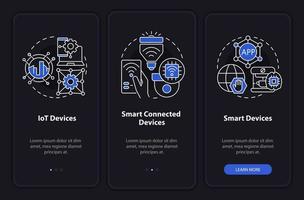 Smart technologies types night mode onboarding mobile app screen. Walkthrough 3 steps graphic instructions pages with linear concepts. UI, UX, GUI template. Myriad Pro-Bold, Regular fonts used vector