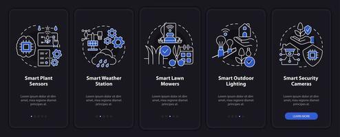 Smart gadgets for farmers night mode onboarding mobile app screen. Walkthrough 5 steps graphic instructions pages with linear concepts. UI, UX, GUI template. Myriad Pro-Bold, Regular fonts used vector