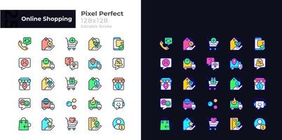 Online shopping pixel perfect light and dark theme color icons set. Electronic commerce. Simple filled line drawings. Bright cliparts on white and black. Editable stroke. Quicksand-Light font used vector