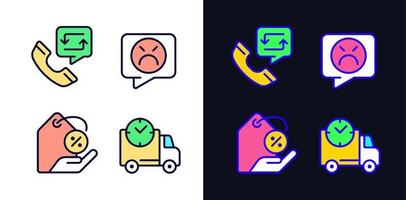 Customer help pixel perfect light and dark theme color icons set. Electronic commerce. Customer negative review. Simple filled line drawings. Bright cliparts on white and black. Editable stroke vector