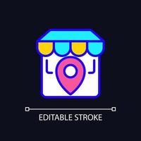 Store location pixel perfect RGB color icon for dark theme. Shop position. Website information. Market address. Simple filled line drawing on night mode background. Editable stroke. Arial font used vector