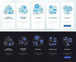 tendencias de marketing actuales pantalla de aplicación móvil de incorporación de modo día y noche. tutorial 5 pasos páginas de instrucciones gráficas con conceptos lineales. interfaz de usuario, ux, plantilla de interfaz gráfica de usuario. innumerables fuentes pro-negrita y regulares utilizadas vector