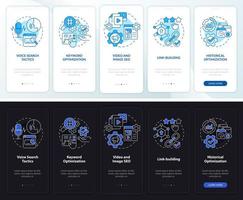 SEO marketing trends night and day mode onboarding mobile app screen. Walkthrough 5 steps graphic instructions pages with linear concepts. UI, UX, GUI template. Myriad Pro-Bold, Regular fonts used vector