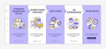 Current marketing trends purple and white onboarding template. Responsive mobile website with linear concept icons. Web page walkthrough 5 step screens. Lato-Bold, Regular fonts used vector