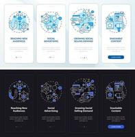 Tendencias de marketing de SMM Incorporación de la pantalla de la aplicación móvil en modo día y noche. tutorial 4 pasos páginas de instrucciones gráficas con conceptos lineales. interfaz de usuario, ux, plantilla de interfaz gráfica de usuario. innumerables fuentes pro-negrita y regulares utilizadas vector