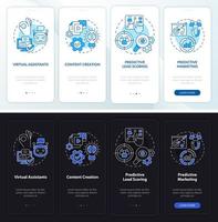 Uso de IA en el modo día y noche de marketing incorporando la pantalla de la aplicación móvil. tutorial 4 pasos páginas de instrucciones gráficas con conceptos lineales. interfaz de usuario, ux, plantilla de interfaz gráfica de usuario. innumerables fuentes pro-negrita y regulares utilizadas vector