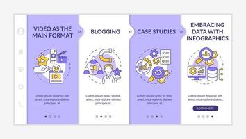 Content marketing trends purple and white onboarding template. Responsive mobile website with linear concept icons. Web page walkthrough 4 step screens. Lato-Bold, Regular fonts used vector