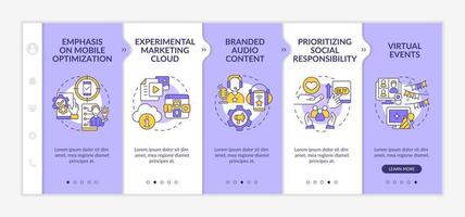 Marketing trends examples purple and white onboarding template. Responsive mobile website with linear concept icons. Web page walkthrough 5 step screens. Lato-Bold, Regular fonts used vector