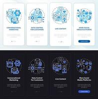 Modern marketing trends night and day mode onboarding mobile app screen. Walkthrough 4 steps graphic instructions pages with linear concepts. UI, UX, GUI template. Myriad Pro-Bold, Regular fonts used vector