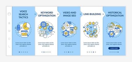 SEO marketing trends blue and white onboarding template. Promo campaign. Responsive mobile website with linear concept icons. Web page walkthrough 5 step screens. Lato-Bold, Regular fonts used vector