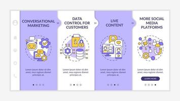 Modern marketing trends purple and white onboarding template. Responsive mobile website with linear concept icons. Web page walkthrough 4 step screens. Lato-Bold, Regular fonts used vector