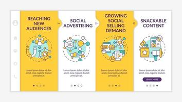 SMM marketing trends yellow onboarding template. Network advertise. Responsive mobile website with linear concept icons. Web page walkthrough 4 step screens. Lato-Bold, Regular fonts used vector