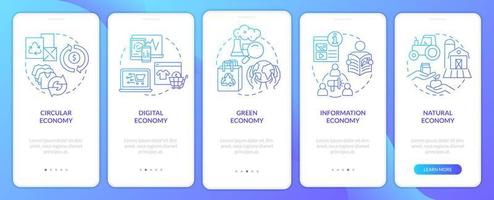 Economy models blue gradient onboarding mobile app screen. Marketing walkthrough 5 steps graphic instructions pages with linear concepts. UI, UX, GUI template. Myriad Pro-Bold, Regular fonts used vector