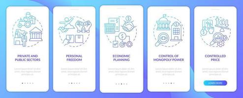 Mixed economy features blue gradient onboarding mobile app screen. Walkthrough 5 steps graphic instructions pages with linear concepts. UI, UX, GUI template. Myriad Pro-Bold, Regular fonts used vector