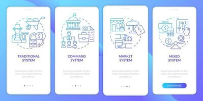 Economic system types blue gradient onboarding mobile app screen. Walkthrough 4 steps graphic instructions pages with linear concepts. UI, UX, GUI template. Myriad Pro-Bold, Regular fonts used vector