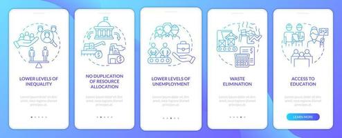 Centrally planned ES blue gradient onboarding mobile app screen. Walkthrough 5 steps graphic instructions pages with linear concepts. UI, UX, GUI template. Myriad Pro-Bold, Regular fonts used vector