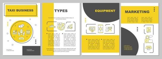 plantilla de folleto amarillo de negocios de taxis. tipos de entrega. diseño de impresión de folletos con iconos lineales. diseños vectoriales para presentación, informes anuales, anuncios. arial-black, innumerables fuentes pro-regulares utilizadas vector