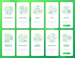 Agricultural revolution green gradient onboarding mobile app screen set. Walkthrough 5 steps graphic instructions pages with linear concepts. UI, UX, GUI template. Myriad Pro-Bold, Regular fonts used vector
