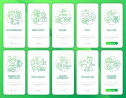 conjunto de pantalla de la aplicación móvil de incorporación de degradado verde de la revolución agrícola. tutorial 5 pasos páginas de instrucciones gráficas con conceptos lineales. interfaz de usuario, ux, plantilla de interfaz gráfica de usuario. innumerables fuentes pro-negrita y regulares utilizadas vector