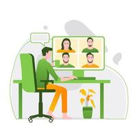 Video conference Illustration. People on computer screen taking with colleague. Videoconferencing and online meeting workspace vector page