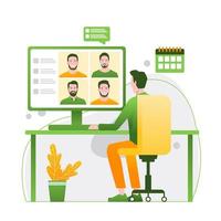 Video conference Illustration. People on computer screen taking with colleague. Videoconferencing and online meeting workspace vector page