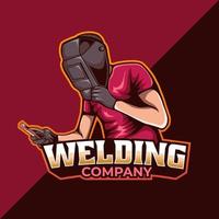 welder working with weld helmet in badge design style vector