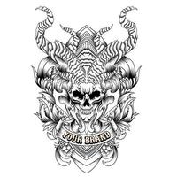 vector de cráneo con estilo de tatuaje de cuernos en blanco y negro