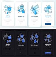 Skin types care night and day mode onboarding mobile app screen. Beauty walkthrough 4 steps graphic instructions pages with linear concepts. UI, UX, GUI template. Myriad Pro-Bold, Regular fonts used vector