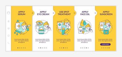 Skincare routine tips yellow onboarding template. Healthy skin. Responsive mobile website with linear concept icons. Web page walkthrough 5 step screens. Lato-Bold, Regular fonts used vector