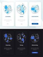 Skincare steps night and day mode onboarding mobile app screen. Beauty walkthrough 3 steps graphic instructions pages with linear concepts. UI, UX, GUI template. Myriad Pro-Bold, Regular fonts used vector