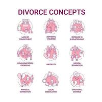 Divorce pink concept icons set. Reasons of relationship breakup. Partners separation idea thin line color illustrations. Isolated outline drawings. Roboto-Medium, Myriad Pro-Bold fonts used vector