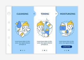 Skincare routine steps blue and white onboarding template. Beauty procedures. Responsive mobile website with linear concept icons. Web page walkthrough 3 step screens. Lato-Bold, Regular fonts used vector