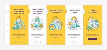 Skincare tips yellow onboarding template. Healthy skin routine. Responsive mobile website with linear concept icons. Web page walkthrough 5 step screens. Lato-Bold, Regular fonts used vector