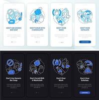 Skincare donts night and day mode onboarding mobile app screen. Care walkthrough 4 steps graphic instructions pages with linear concepts. UI, UX, GUI template. Myriad Pro-Bold, Regular fonts used vector