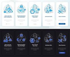 Skincare tips night and day mode onboarding mobile app screen. Skin walkthrough 5 steps graphic instructions pages with linear concepts. UI, UX, GUI template. Myriad Pro-Bold, Regular fonts used vector