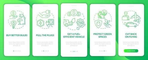 Air pollution prevention green gradient onboarding mobile app screen. Walkthrough 5 steps graphic instructions pages with linear concepts. UI, UX, GUI template. Myriad Pro-Bold, Regular fonts used vector